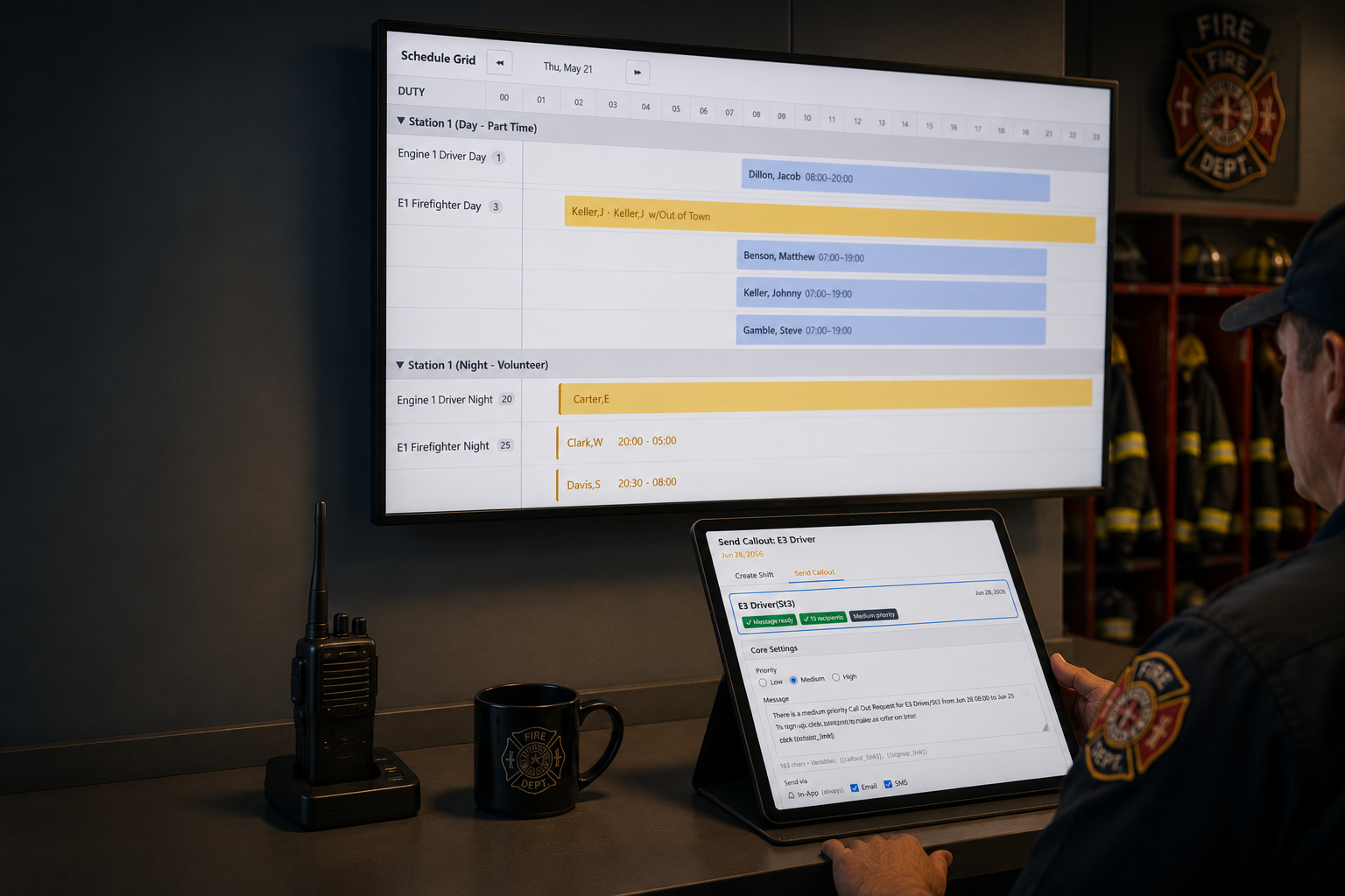 Daily Roster in use at a fire station — schedule grid on the wall display and a callout being sent from a tablet