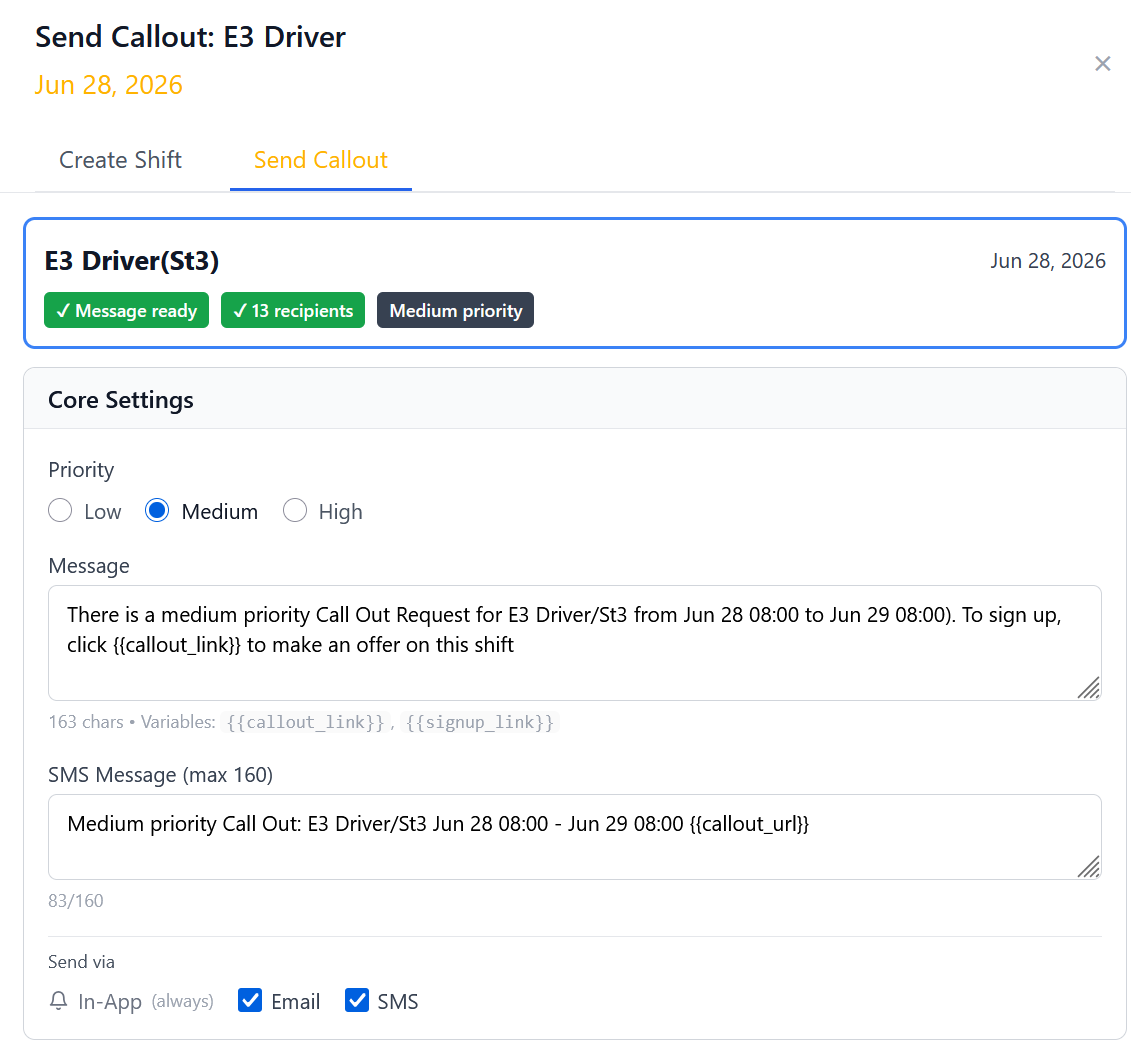 Daily Roster Send Callout — E3 Driver shift, medium priority, 13 recipients, email & SMS