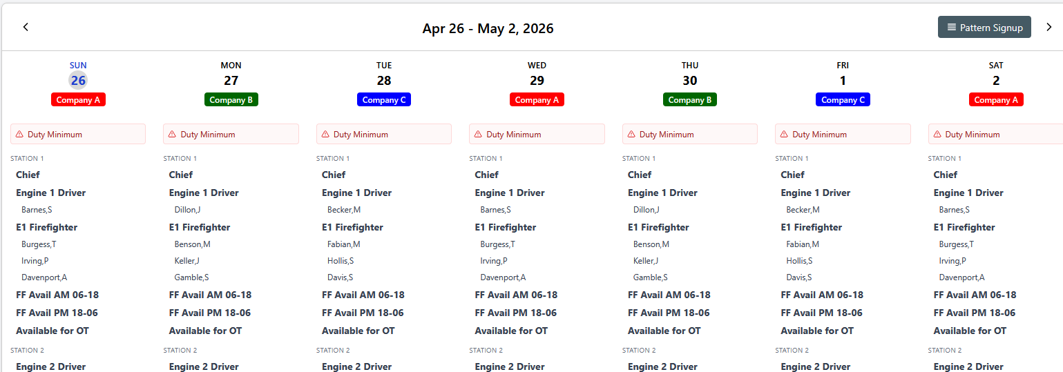 Daily Roster weekly schedule grid — companies, duty minimums, station assignments